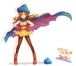  alena_(dq4) boots brown_legwear cape dragon_quest dragon_quest_iv gloves hands_on_hips hat kara_(color) orange_hair pantyhose red_eyes shadow slime_(dragon_quest) solo 