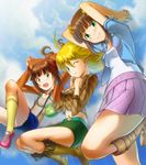  amami_haruka blonde_hair boots brown_hair emanon123 green_eyes hoshii_miki idolmaster idolmaster_(classic) midriff multiple_girls navel one_eye_closed raglan_sleeves skirt smile takatsuki_yayoi twintails 