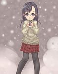  black_hair can copyright_request glasses long_hair pantyhose plaid plaid_skirt skirt snow snowman solo sweater tsukusun 