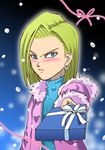  android_18 blonde_hair blue_eyes blush dragon_ball dragon_ball_z earrings gift holding holding_gift incoming_gift jewelry poki_a short_hair snow tsundere valentine 