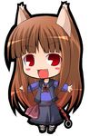  :3 animal_ears blush_stickers boots brown_hair chibi fang holo long_hair lowres outstretched_arms pac-man_eyes red_eyes skirt smile solo spice_and_wolf spread_arms suntail wolf_ears 