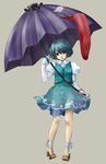  :p blue_hair geta green_eyes heterochromia highres karakasa_obake natsume_k purple_umbrella red_eyes sandals short_hair simple_background solo standing tatara_kogasa tongue tongue_out touhou umbrella 