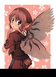  animal_ears back bad_id bad_pixiv_id brown_eyes cream_(nipakupa) earrings flower from_behind head_scarf japanese_clothes jewelry mystia_lorelei okamisty pink_hair red_hair short_hair simple_background solo tail tasuki touhou wings 