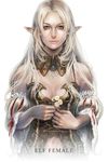  bare_shoulders blonde_hair blue_eyes breasts cleavage elf fantasy flower highres lineage medium_breasts navel pointy_ears realistic sae_(revirth) solo 