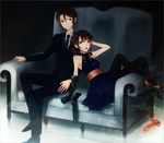  1girl bad_id bad_pixiv_id bare_shoulders brown_eyes brown_hair couch formal gloves hakoda_eko koizumi_itsuki mori_sonou shoes short_hair single_shoe suit suzumiya_haruhi_no_yuuutsu 