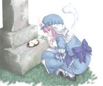  dumpling eating flower food ghost grave hat japanese_clothes looking_back mumulatte offering pink_eyes pink_hair saigyouji_yuyuko solo squatting tombstone touhou 