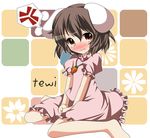 angry animal_ears bad_id bad_pixiv_id barefoot blush brown_eyes brown_hair bunny_ears carrot carrot_necklace character_name dress fang hikobae inaba_tewi jewelry necklace pendant short_hair solo tears touhou 