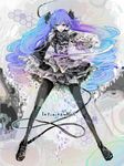  bad_id bad_pixiv_id blue_hair detached_sleeves donko frills gothic_lolita gradient_hair hatsune_miku heterochromia infinite_holic_(vocaloid) infinity_(module) legs lolita_fashion long_hair multicolored_hair purple_hair red_eyes skirt smile solo spring_onion thighhighs twintails very_long_hair vocaloid 