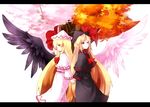  angel_wings autumn ayagi_daifuku back-to-back black_wings blonde_hair capelet cherry_blossoms dress dual_persona hat holding_hands leaf letterboxed lily_black lily_white long_hair looking_back multiple_girls profile red_eyes ribbon smile spring_(season) touhou tree wings 