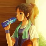  bad_id bad_pixiv_id basketball basketball_uniform bottle brown_eyes brown_hair drink drinking jersey original pocari_sweat ponytail shian_(my_lonly_life.) short_hair solo sportswear sunset sweat towel water_bottle wristband 