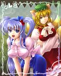  alice_margatroid alice_margatroid_(cosplay) alice_margatroid_(pc-98) animal_ears blonde_hair blue_eyes blue_hair book breasts chen chen_(cosplay) cosplay crossed_arms fox_ears fox_tail hair_bobbles hair_ornament hairband hat koto_tsubane large_breasts long_hair multiple_girls multiple_tails one_eye_closed shinki short_hair side_ponytail tail touhou touhou_(pc-98) very_long_hair yakumo_ran yellow_eyes 