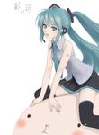  arm_support blue_eyes blue_nails hatsune_miku long_hair nail_polish sitting solo straddling tama_(tama's_website) thighhighs twintails vocaloid zettai_ryouiki 