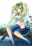  armpits arms_up bad_id bad_pixiv_id barefoot bird breasts cleavage frog green_eyes green_hair groin hair_ornament highres kagami_leo kochiya_sanae long_hair marker_(medium) medium_breasts midriff navel no_panties sitting snake soaking_feet solo touhou traditional_media tree water watercolor_(medium) 