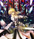  ahoge armor armored_dress artoria_pendragon_(all) blonde_hair caliburn church dress fate/stay_night fate/unlimited_codes fate_(series) faulds green_eyes highres kekkyojin ponytail ribbon saber saber_lily solo sword weapon 