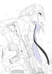  1girl ar-15 assault_rifle blue_eyes closed_mouth dress from_side girls'_frontline gloves gun hair_ornament holding holding_gun holding_weapon jacket long_hair monochrome one_side_up open_clothes open_jacket profile rifle scope single_leg_pantyhose sohin solo spot_color st_ar-15_(girls'_frontline) thigh_strap weapon 