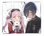  1boy 1girl :o ahoge black_bow black_hair black_hairband black_jacket black_sailor_collar blush bow bow_hairband chinese_commentary commentary_request creator_connection crossover danganronpa_(series) danganronpa_v3:_killing_harmony double_bun emphasis_lines fishicon hair_bun hairband holding holding_letter jacket letter long_hair looking_at_another love_letter one_eye_covered pink_eyes pink_hair red_serafuku saihara_shuichi sailor_collar school_uniform serafuku short_hair sweat the_hundred_line_-last_defense_academy- translation_request tsukumo_kako twintails white_background white_bow yellow_eyes 