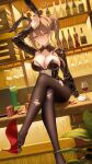  1girl absurdres aki_rinco alcohol animal_ear_hairband animal_ears arm_support arm_up bar_(place) black_bow black_bowtie black_leotard black_pantyhose black_shrug blush bottle bow bowtie breasts brown_hair champagne chinese_commentary cleavage closed_mouth commentary_request counter crossed_legs cup drinking_glass earrings fake_animal_ears frown hair_between_eyes hairband high_heels highres jewelry large_breasts legs leotard long_hair long_sleeves longyu_(17767756) looking_ahead nail_polish on_table one_side_up pantyhose pink_nails plant playboy_bunny poker_chip project-sp rabbit_ear_hairband rabbit_ears red_wine second-party_source see-through_clothes see-through_leotard shelf shoe_soles shrug_(clothing) sideboob sidelocks single_ear_down sitting solo strapless strapless_leotard table thighs torn_clothes torn_pantyhose very_long_hair virtual_youtuber whiskey wine wine_bottle wine_glass yellow_eyes 