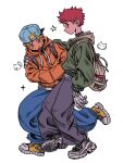  2boys alternate_costume arm_around_shoulder backwards_hat bag baggy_pants blonde_hair blue_eyes blue_hat blue_pants commentary_request contemporary converse facial_mark fashion forehead_mark full_body gaara_(naruto) green_shirt grey_pants hat heart highres korean_commentary long_sleeves male_focus multiple_boys naruto_(series) pants red_hair shirt shoes short_hair sneakers tongue tongue_out trano_613 turtleneck uzumaki_naruto whisker_markings white_background yellow_shoes 