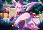 4_toes absurd_res accessory animal_genitalia animal_penis anus balls bedroom_eyes bell bell_bow bow_ribbon box butt canine_genitalia canine_penis christmas christmas_clothing christmas_decorations christmas_topwear christmas_tree clothed clothed_feral clothing container digitigrade eeveelution erection espeon feet feral forehead_gem forked_tail fur furgonomics gem generation_2_pokemon genitals gift_bow gift_box gift_tag hi_res holidays holly_(plant) knot knotted_penis legwear looking_at_viewer looking_back loose_feather lying male male_(lore) markings momo_(espeon) multicolored_body multicolored_fur narrowed_eyes nikkibunn nintendo on_ground on_side paper pawpads paws penis pink_body pink_fur plant pokemon pokemon_(species) presenting presenting_hindquarters quadruped quill rear_view ribbons seductive solo sparkles stockings tail tail_accessory tail_bell tail_bow tail_ribbon telekinesis toes topwear tree unusual_anatomy unusual_tail white_body white_fur writing_text writing_utensil