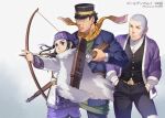  1girl 2boys arrow_(projectile) asirpa black_hair black_vest blue_eyes blue_jacket bow_(weapon) buzz_cut cape closed_mouth commentary_request drawing_bow facial_hair foxvulpine fur_cape goatee golden_kamuy grey_hair gun headband holding holding_bow_(weapon) holding_gun holding_weapon jacket long_hair mature_male multiple_boys purple_headband rifle scar scar_on_face scarf shiraishi_yoshitake short_hair sugimoto_saichi very_short_hair vest weapon yellow_scarf 