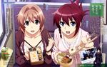  2girls absurdres black_hair blue_eyes blush brown_eyes brown_hair chopsticks folded_ponytail food gloves hair_intakes highres koumi_haruka long_hair looking_at_viewer mizukami_rondo multiple_girls necktie obentou official_art open_mouth promotional_art rail_wars! red_hair sakurai_aoi smile takayama_naoto uniform white_gloves 