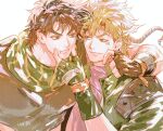  2boys :t arm_around_shoulder battle_tendency black_gloves black_shirt blonde_hair caesar_anthonio_zeppeli cheek_pinching cheek_pull eye_contact eyelashes facial_mark fake_head_wings fingerless_gloves gloves green_eyes green_jacket green_scarf headband jacket jojo_no_kimyou_na_bouken joseph_joestar joseph_joestar_(young) looking_at_another looking_to_the_side male_focus multiple_boys pinching pink_shirt popped_collar scarf shirt simple_background sues thick_eyebrows v-shaped_eyebrows white_background wrist_belt 