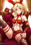  1girl animal_ears arm_rest bandeau bangs blonde_hair breasts bridal_gauntlets bunny_ears chains chair collarbone detached_collar detached_sleeves earrings eyebrows_visible_through_hair fake_animal_ears fate/grand_order fate_(series) garter_straps gold gold_trim green_eyes hair_ornament highres jewelry knee_up long_hair looking_at_viewer medium_breasts mordred_(fate)_(all) nail_polish navel necktie o-ring o-ring_top open_fly parted_bangs ponytail red_legwear red_nails red_neckwear red_shorts ruby_(gemstone) sakiyamama short_shorts shorts sidelocks signature skindentation sleeve_cuffs solo spread_legs stomach thigh_strap thighhighs 