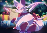4_toes absurd_res accessory ambiguous_gender bedroom_eyes bell bell_bow bow_ribbon box butt christmas christmas_clothing christmas_decorations christmas_topwear christmas_tree clothed clothed_feral clothing container digitigrade eeveelution espeon feet feral forehead_gem forked_tail fur furgonomics gem generation_2_pokemon gift_bow gift_box gift_tag hi_res holidays holly_(plant) legwear looking_at_viewer looking_back loose_feather lying male_(lore) markings momo_(espeon) multicolored_body multicolored_fur narrowed_eyes nikkibunn nintendo on_ground on_side panties paper pattern_clothing pattern_underwear pawpads paws pink_body pink_fur plant pokemon pokemon_(species) quadruped quill rear_view ribbons seductive solo sparkles stockings striped_clothing striped_underwear stripes tail tail_accessory tail_bell tail_bow tail_ribbon telekinesis toes topwear tree underwear unusual_anatomy unusual_tail white_body white_fur writing_text writing_utensil