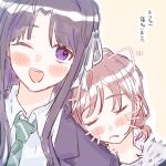  2girls 3s827 awa_subaru blush collared_shirt commentary_request drawn_ears drawn_whiskers drooling girls_band_cry green_necktie highres iseri_nina multiple_girls necktie one_eye_closed open_mouth parted_lips purple_eyes red_hair saliva school_uniform shirt short_twintails smile translation_request twintails white_shirt 