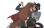  2girls animal_ears aqua_ascot ascot black_hair black_skirt blue_ascot blue_shirt blush braid braided_bun breasts brown_hair cape closed_mouth earrings gloves green_jacket green_skirt hair_between_eyes hair_bun highres holding_hands horse_ears horse_girl horse_tail jacket jewelry long_hair long_sleeves looking_at_another mejiro_ramonu_(onyx_line)_(umamusume) mejiro_ramonu_(umamusume) multicolored_hair multiple_girls purple_eyes red_cape shirt side_cape simple_background single_earring single_glove skaj skirt smile streaked_hair symboli_rudolf_(emperor's_path)_(umamusume) symboli_rudolf_(umamusume) tail umamusume white_background white_gloves white_hair yuri 