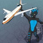 absurd_res aircraft airplane anthro black_body blue_hair city city_background extreme_size_difference fangs flying green_eyes hair hi_res judasyfox macro male rampage sabertooth_(anatomy) sabertooth_feline size_difference solo teeth vehicle