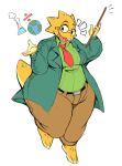 2025 4_fingers alphys animation_sensation anthro barefoot belt belt_buckle bottomwear breasts brown_bottomwear brown_clothing brown_pants buckle clothed clothed_anthro clothed_female clothing digital_drawing_(artwork) digital_media_(artwork) division_sign eyelashes eyewear feet female female_anthro fingers front_view full-length_portrait glasses globe green_clothing green_jacket green_shirt green_topwear hi_res huge_thighs jacket laboratory_equipment laboratory_glassware markings mathematical_symbol necktie open_mouth open_smile overweight overweight_anthro overweight_female pants pointer portrait red_necktie reptile round_glasses scalie scientific_instrument shirt simple_background smile solo tail teacher teeth thick_thighs tongue topwear undertale_(series) white_background wide_hipped_anthro wide_hipped_female wide_hips yellow_body yellow_tail