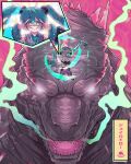  1girl absurdres aqua_hair bioluminescence breath commentary_request crossover detached_sleeves fangs fortnite glowing glowing_eyes glowing_spikes godzilla godzilla_(monsterverse) godzilla_(series) godzilla_evolved godzilla_x_kong:_the_new_empire hatsune_miku highres jaeldraw kaiju king_kong_(series) meme miku_miku_beaaaam!!_(meme) miniskirt monsterverse necktie open_mouth skirt spanish_commentary spines standing_on_another's_head thighhighs twintails v v_over_eye vocaloid 
