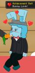 achievement_unlocked ambiguous_gender anthro black_tie_(suit) blue_body blue_fur blue_hair blush bow_tie buckteeth carrot clothed clothed_anthro clothed_male clothing duo eating eating_food english_text feeding food food_fetish food_in_mouth fur furgonomic_hat furgonomic_headwear furgonomics grey_clothing grey_hat grey_headwear hair hat headgear headwear heart_symbol hearts_around_head holding_carrot holding_food holding_object holding_vegetable lagomorph leporid long_ears male mammal microsoft minecraft mojang mostly_offscreen_character narrowed_eyes plant rabbit red_bow_tie suggestive suggestive_food suit swankybones teeth text vegetable xbox_game_studios