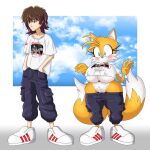 2024 2_tails anthro before_and_after blush bottomwear breast_growth breasts brown_hair canid canine clothing cloud digital_media_(artwork) female footwear fox gender_transformation growth hair hi_res human human_to_anthro male mammal miles_prower mtf_transformation multi_tail nipple_outline pants sega shinmayjay shirt shoes simple_background solo sonic_the_hedgehog_(series) species_transformation standing surprised tail topwear transformation white_clothing white_footwear white_shoes