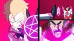 animated blood bodily_fluids clenched_teeth hazbin_hotel hellaverse hi_res kato777 lucifer_(hazbin_hotel) magic magic_user male male/male occult_symbol omni-man pentagram superhero superhero_costume symbol teeth viltrumite