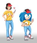 2024 anthro before_and_after bottomwear breast_growth breasts bulging_smiley_shirt_meme clothing denim denim_bottomwear denim_clothing digital_media_(artwork) electronics eulipotyphlan female footwear gender_transformation green_eyes growth hat headgear headwear hedgehog hi_res holding_object holding_phone human human_to_anthro jeans male mammal mtf_transformation pants phone sega shinmayjay shoes shrinking simple_background size_transformation solo sonic_the_hedgehog sonic_the_hedgehog_(series) species_transformation surprised transformation white_background