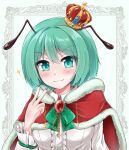  1girl antennae blush bow bowtie breasts brooch cape center_frills closed_mouth collared_shirt commentary_request crown frills fur-trimmed_cape fur_trim gem green_bow green_bowtie green_eyes green_hair green_nails highres jewelry looking_at_viewer medium_breasts mini_crown muki_(munikichan) red_cape red_gemstone shirt short_hair smile solo touhou upper_body v white_background white_shirt wriggle_nightbug 