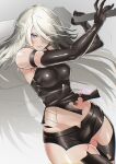  1girl a2_(nier:automata) absurdres android armpit_crease bare_shoulders black_gloves black_shirt black_shorts black_thighhighs blue_eyes breasts closed_mouth cowboy_shot elbow_gloves english_commentary fighting_stance fukou gloves gradient_background grey_hair highres holding holding_sword holding_weapon joints long_hair looking_at_viewer medium_breasts midriff_peek nier:automata nier_(series) robot_joints shirt shorts signature sleeveless sleeveless_shirt solo sword thighhighs thighs torn_clothes torn_shirt torn_thighhighs weapon 