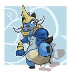 3_toes abstract_background ambiguous_gender anthro aqua_(innocentenough) artist_logo band-aid band-aid_on_face band-aid_on_nose bandage bandage_on_face bandage_on_nose black_ears black_tail blue_body bodily_fluids border clothed clothing dewott diaper diaper_under_clothing dljoe feces feet full-length_portrait generation_5_pokemon genital_fluids innocentenough leg_markings logo markings nintendo on_one_leg onesie open_mouth open_onesie orange_nose pokemon pokemon_(species) pokemon_onesie pooping portrait samurott shocked socks_(marking) soiled_diaper soiling soiling_diaper solo standing tail toes unclean_diaper urine used_diaper wearing_diaper wet_diaper wetting wetting_diaper whiskers white_border white_whiskers