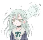  1girl 8_(asahati) bang_dream! bang_dream!_it's_mygo!!!!! blue_dress blush choker closed_mouth commentary_request dress expressionless frilled_choker frills giving_up_the_ghost green_hair hair_ornament hairclip highres long_hair plaid_clothes plaid_dress scene_reference solo wakaba_mutsumi yellow_eyes 