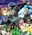  3girls 5boys absurdres aerosol agatha_flattz animal_head bandana bandana_over_mouth bird_boy black_hair black_skin black_suit blonde_hair blue_hair brothers brown_hair burn_scar can caron_(higyaku_no_noel) chain choker colored_skin crowbar cutlass dark-skinned_female dark_skin demon_boy dress drink_can eyepatch fire formal_clothes fugo_dressel glasses green_eyes hair_over_one_eye highres higyaku_no_noel holding holding_crowbar hood hoodie jacket jillian_littner lauro_maestri long_hair medical_eyepatch multicolored_hair multiple_boys multiple_girls necktie noel_cerquetti oscar_dressel piercing purple_eyes purple_hair red_vest scar scar_on_face severed_arm severed_limb short_hair siblings smile spray_can streaked_hair suit vest zoe_taska 