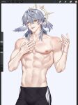  1boy abs black_male_swimwear earrings grey_hair hair_between_eyes halo halo_behind_head head_wings highres honkai:_star_rail honkai_(series) jewelry long_hair male_focus male_swimwear muscular muscular_male navel nipples rourouki smile solo stomach sunday_(honkai:_star_rail) topless_male wings yellow_eyes 