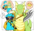 alternate_species anthro armor axe battlerex black_sleeves blue_clothing blue_gloves blue_handwear blue_hat blue_headwear blush blush_lines body_armor claws clothing crown dragon dragon_quest dragon_quest_vi duo eyes_closed fangs female gloves green_body hacksaurus hair handwear haruno77 hat head_wings headgear headwear heart_symbol hearts_around_head human humanized imagining japanese_text lizzie_(dragon_quest) male male/female mammal mario_bros melee_weapon membrane_(anatomy) membranous_wings meme mythological_creature mythological_scalie mythology nintendo pointy_ears scabbard scalie shield simple_background sparkles speech_bubble square_enix super_crown sword teeth terry_(dragon_quest) text thought_bubble unusual_wing_placement weapon white_background white_claws white_hair wings