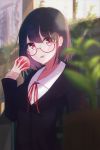  1girl apple bangs black_jacket blazer blurry blurry_foreground brown_hair collared_shirt commentary_request depth_of_field food fruit glasses hand_up highres holding holding_food holding_fruit hyakunin_momoko jacket light_particles long_sleeves looking_at_viewer neck_ribbon original parted_lips red-framed_eyewear red_eyes red_neckwear ribbon semi-rimless_eyewear shirt short_hair sidelocks sleeves_past_wrists smile solo under-rim_eyewear upper_body white_shirt wing_collar 