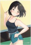  1girl aqua_shorts black_camisole black_hair blush bob_cut camisole cowboy_shot dolphin_shorts from_side grey_eyes hand_on_own_hip hand_up highres looking_to_the_side nena_labo original parted_lips playing_with_own_hair short_hair short_shorts shorts signature solo spaghetti_strap standing sweat traditional_media turning_head 