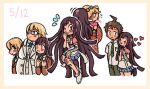  >_< 2girls 3boys ahoge apron bandaged_arm bandages bandaid bandaid_on_leg blonde_hair blue_skirt blush bow breast_pocket brown_hair brown_jacket buttons closed_eyes closed_mouth collared_shirt commentary danganronpa_(series) danganronpa_2:_goodbye_despair danganronpa_3_(anime) dated english_commentary fat fat_man flying_sweatdrops glasses green_bow green_eyes green_necktie green_pants hair_bow heart hinata_hajime holding hope's_peak_academy_school_uniform jacket jackie_kawaii japanese_clothes kimono long_hair long_sleeves mitarai_ryota mole mole_under_eye multiple_boys multiple_girls multiple_views necktie o3o one_eye_closed orange_kimono pants pink_shirt pocket pout purple_eyes purple_hair saionji_hiyoko school_uniform shirt shoes short_hair short_sleeves simple_background skirt smile teeth togami_byakuya_(danganronpa_2) tsumiki_mikan twintails very_long_hair white_apron white_background white_jacket white_shirt white_shoes 