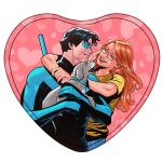  1boy 1girl absurdres barbara_gordon batgirl batman_(series) black_bodysuit blue_bodysuit blue_mask bodysuit couple dc_comics dick_grayson eye_mask heart highres hug hug_from_behind lucas_meyer mask multicolored_bodysuit nightwing superhero_costume taut_bodysuit two-tone_bodysuit 