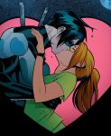  1boy 1girl barbara_gordon batgirl batman_(series) black_bodysuit black_hair blue_bodysuit bodysuit couple dc_comics dick_grayson eye_mask glasses heart highres kiss mask moy_r nightwing superhero_costume taut_bodysuit 