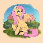 2022 absurd_res birdoffnorth cutie_mark dated digital_media_(artwork) equid equine eyelashes feathered_wings feathers female feral flower_in_fur fluttershy_(mlp) friendship_is_magic fur grass hair hasbro hi_res hooves long_hair mammal my_little_pony mythological_creature mythological_equine mythology on_haunches pegasus pink_hair plant quadruped shrub signature smile solo teal_eyes unguligrade wings yellow_body yellow_fur yellow_wings